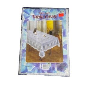 NOS Vintage White Vinyl Crochet Table Cloth Lace Doily Cloth Rectangular 60"X90"